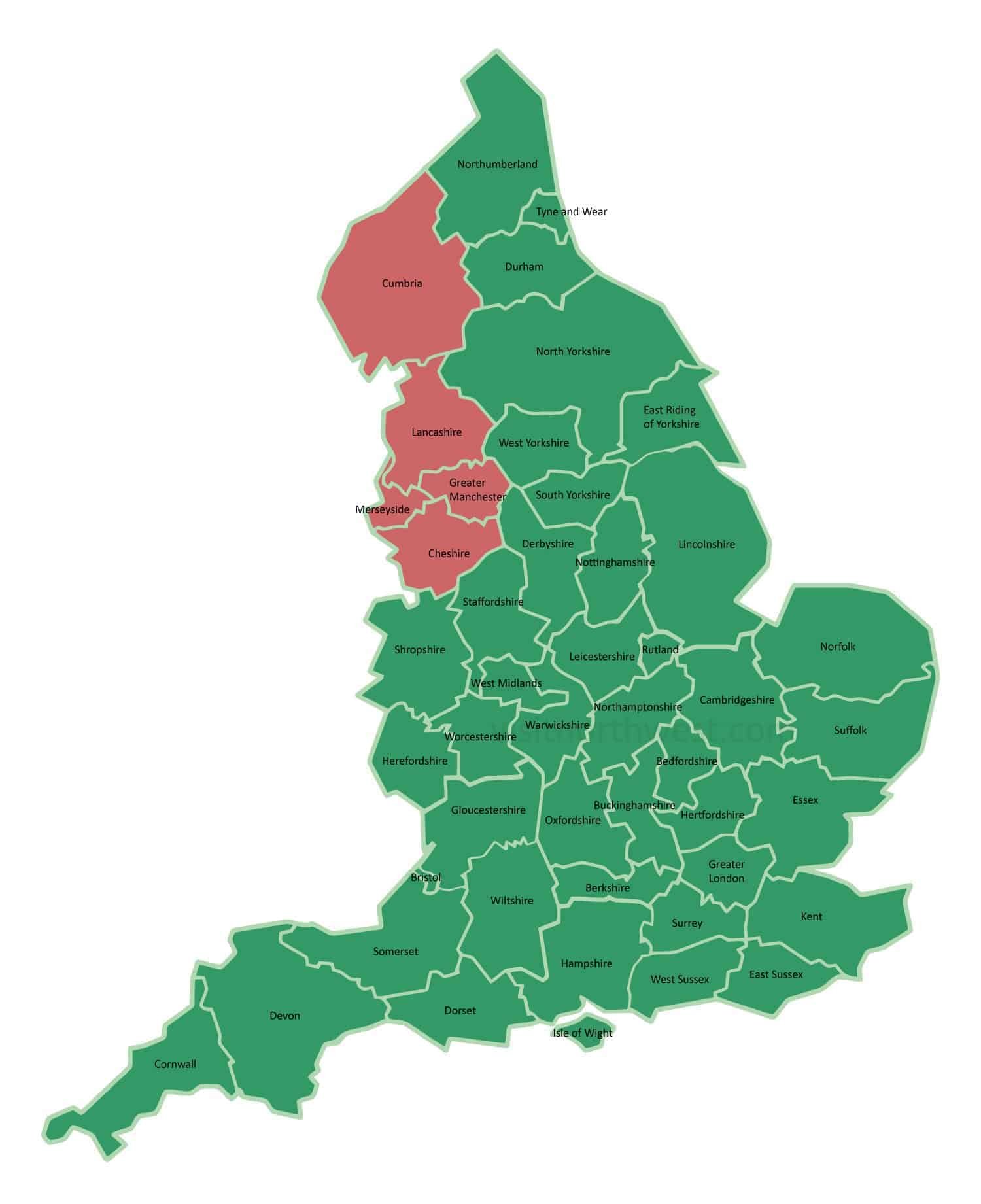North West England service coverage area map showing Greater Manchester, Merseyside, Lancashire, and Cheshire